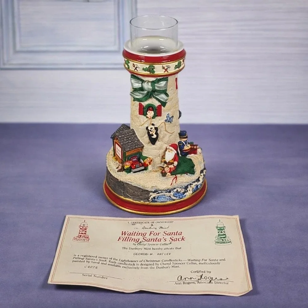 Danbury Mint Cheryl Collins Lighthouse Santa Elves Figurine w COA